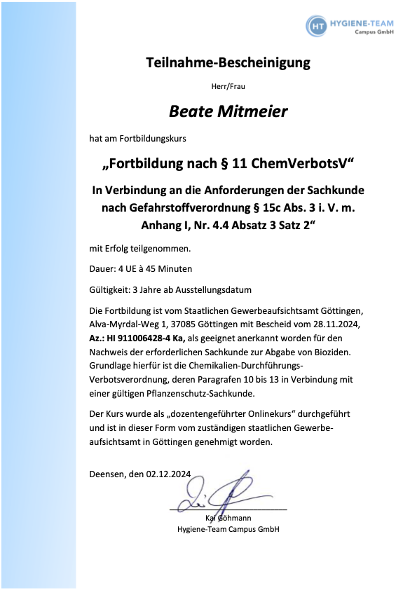 Teilnahmebescheinigung Biozide 02.12.2024 Beate Mitmeier